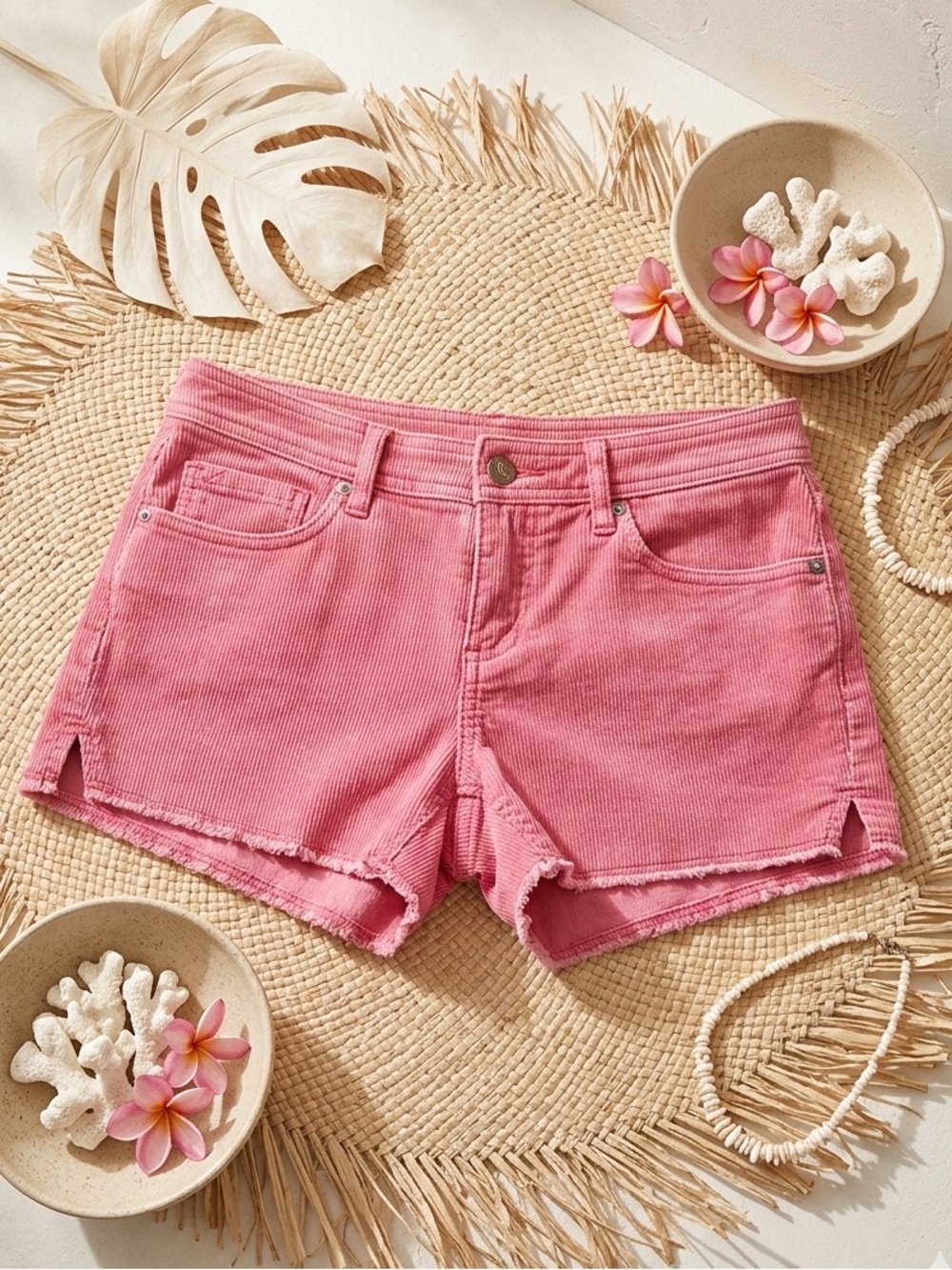 ROXY Women’s Pink Corduroy Shorts - Raw Frayed Hem Low-Mid Rise - Size 0